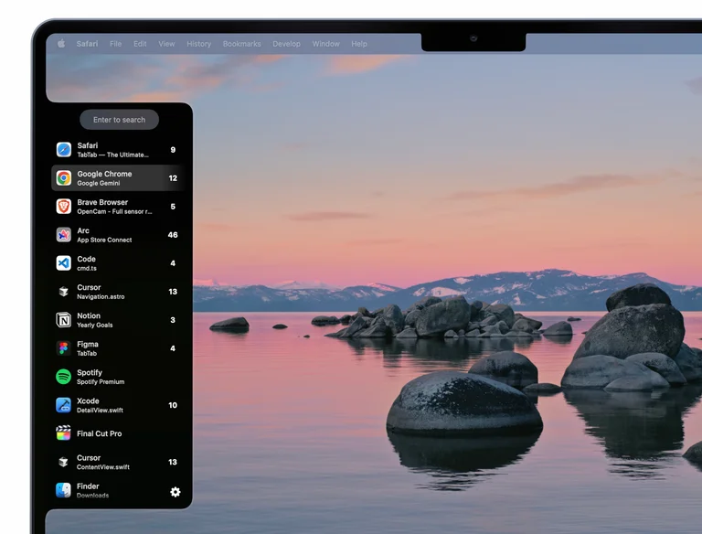 TabTab displaying a searchable list of open browser, editor, design, and Finder tabs on a Mac