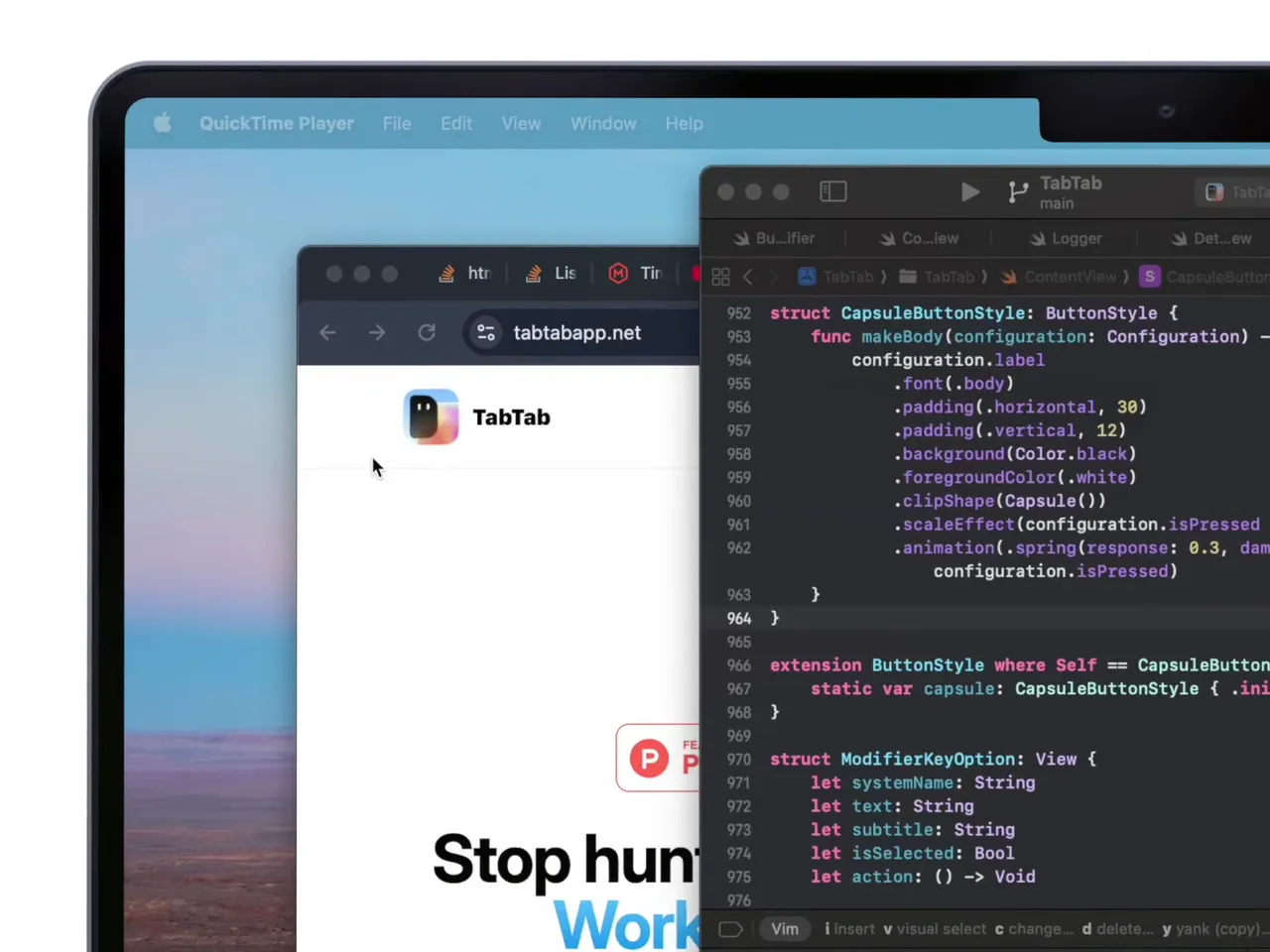 TabTab demo showing a searchable list of Mac windows and tabs